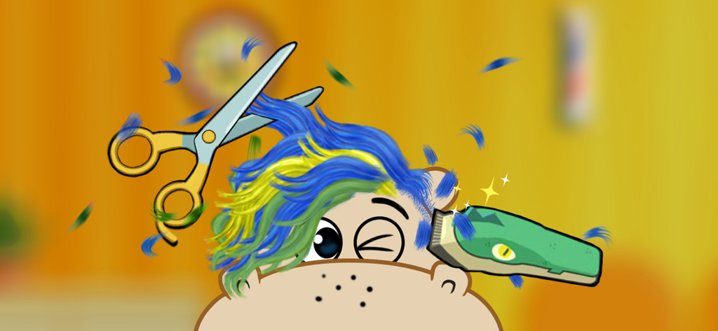 Joyland - Toddler ABC Games - Um personagem de desenho animado cortando o cabelo colorido com tesoura e máquina de cortar na aplicativo para crianças pequenas Joyland.