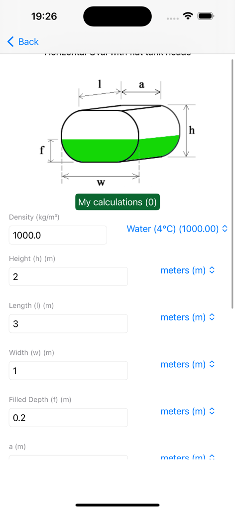Tank Measure: Volume Calc - Calculation screen for a horizontal oval tank volume in the Tank Measure app