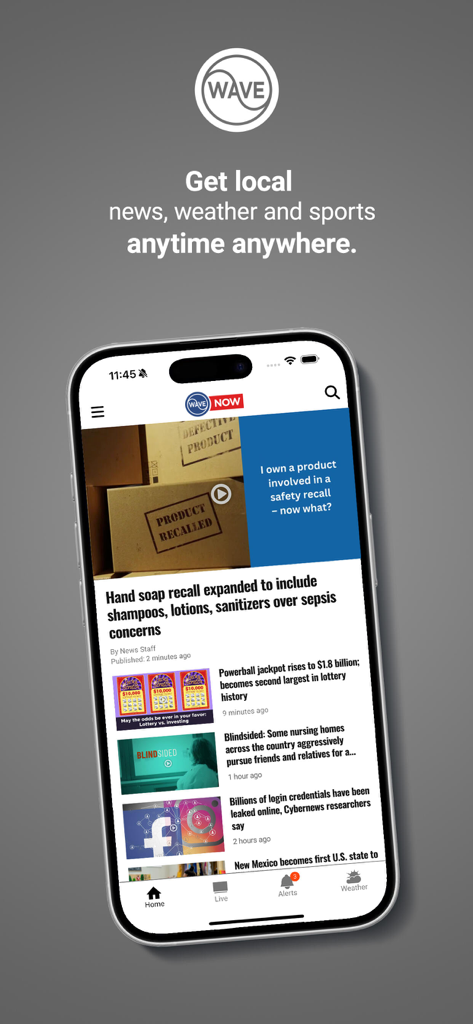 WAVE Local News - WAVE Local News app interface displaying breaking news and local headlines on a smartphone.