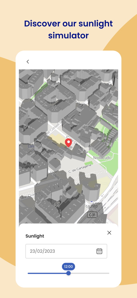 A 3D map interface showing a sunlight simulator for urban real estate