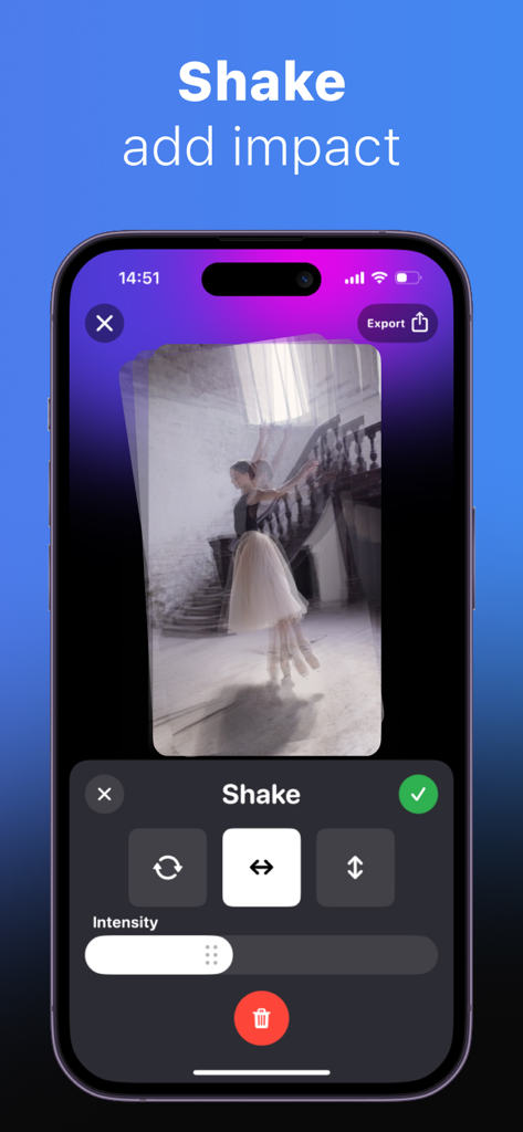 ClipClap: Video Clips Editor - ClipClap 동영상 편집기 인터페이스, 흔들림 효과 설정 및 강도 슬라이더 표시