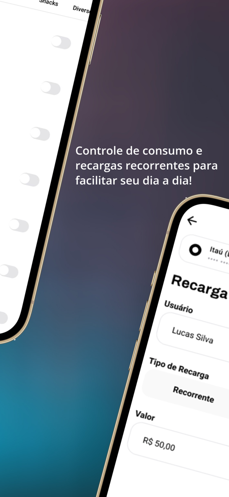 Menupass App-Bildschirme, die Einstellungen zur Verbrauchskontrolle und Optionen für wiederkehrende Aufladungen für Schulmahlzeiten zeigen.