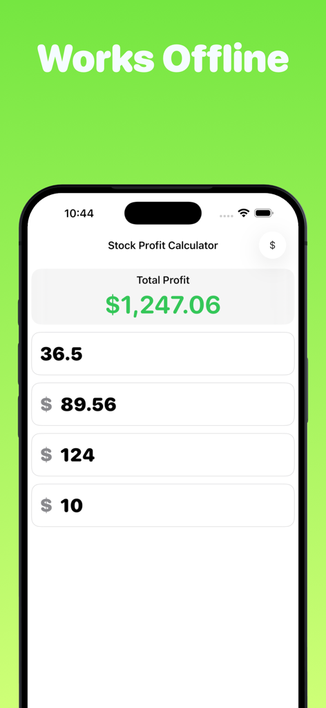 Aplicación Calculadora de Ganancias y Pérdidas de Acciones en iPhone mostrando un cálculo de ganancias exitoso y un mensaje de uso sin conexión
