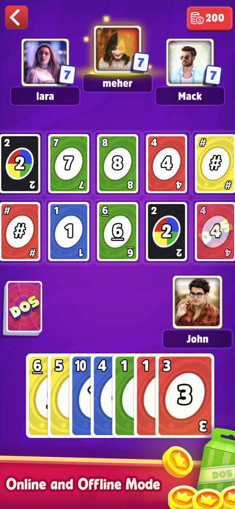 Dos: Fun Family Card Game - Online multiplayer gameplay of Dos card game showing player avatars and numbered cards