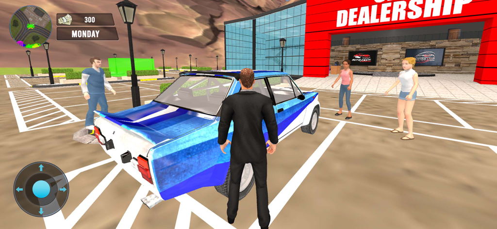 Car Driven to Saler Dealership - A character standing behind a blue car in front of a car dealership building