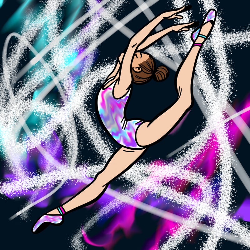 gymnast doing a leap in a leotard with a bent back leg