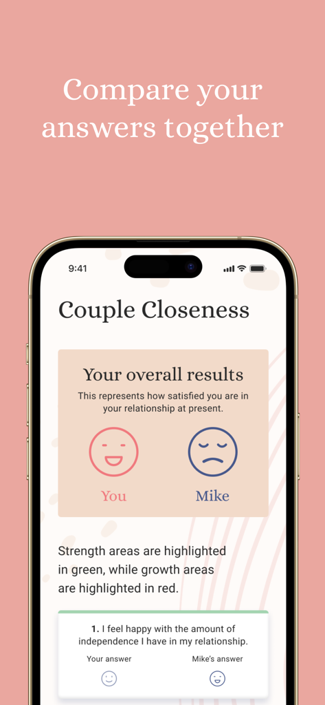Cuddle: Couples & Relationship - Pantalla de comparación de respuestas de cuestionarios de relación entre parejas en la aplicación Cuddle.