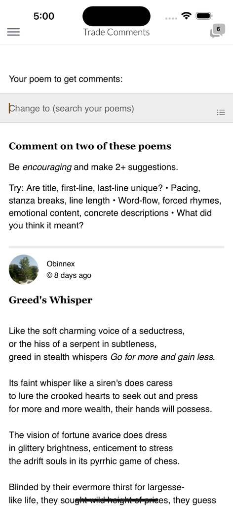 Allpoetry Poetry.app - Interface do aplicativo Allpoetry mostrando o recurso de comentários de troca com diretrizes para fornecer feedback sobre poemas