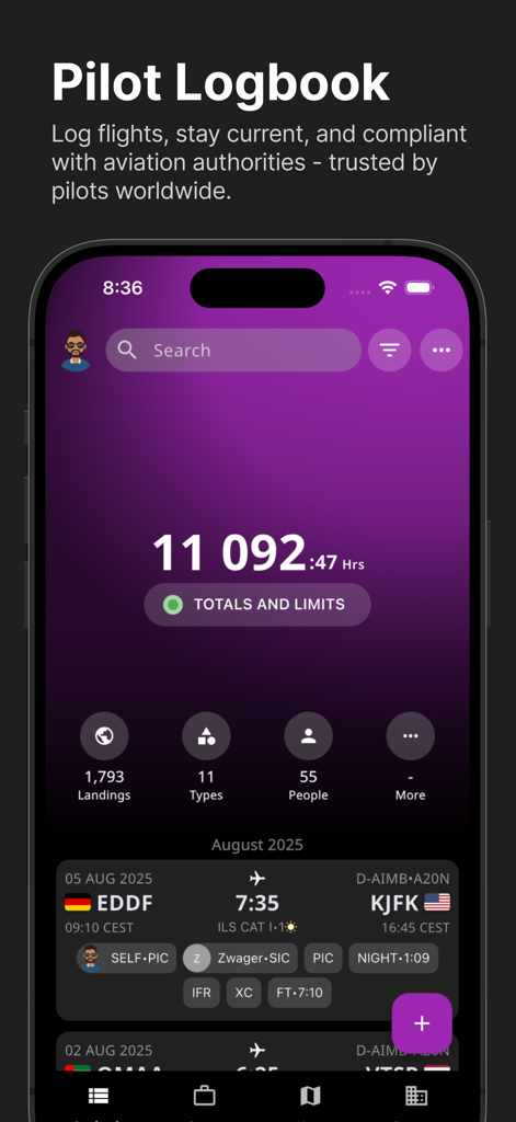 FLYLOG.io - For Pilots - FLYLOG app dashboard showing eleven thousand flight hours and recent pilot logbook entries