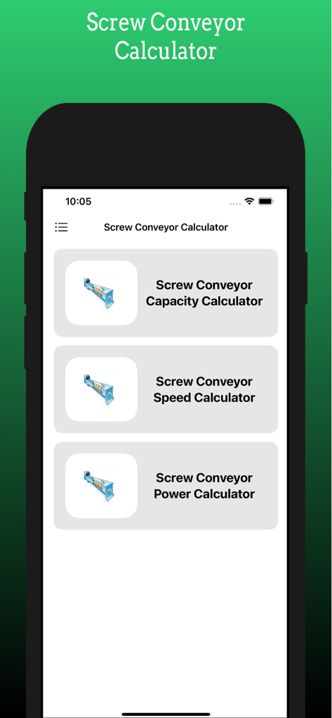 Main menu of the Screw Conveyor Calculator app displaying capacity speed and power calculation options