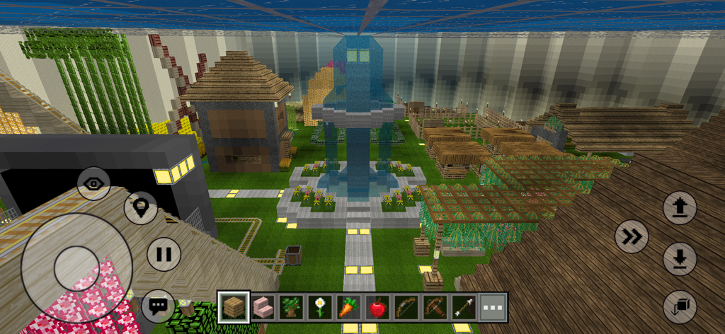 Mini Block City Craft - A top-down view of a voxel-style village with a central fountain and various buildings in Mini Block City Craft.