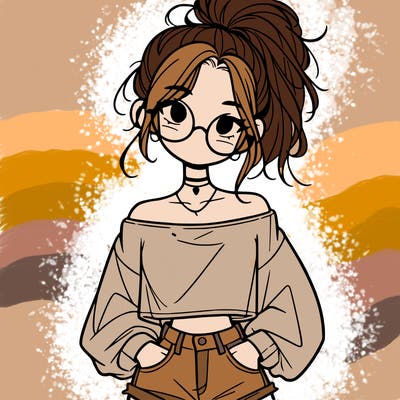 girl with a messy ponytail glasses a baggy crop top and jean shorts