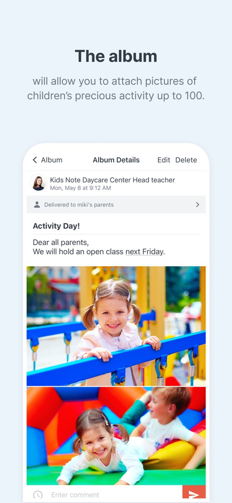 Kids Note - Interfaccia dell'app Kids Note che mostra un album fotografico digitale con immagini di bambini durante le attività dell'asilo