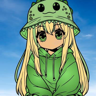 girl with anime shaped eyes with a dinosaur bucket hat oversized sweatshirt long straight hair