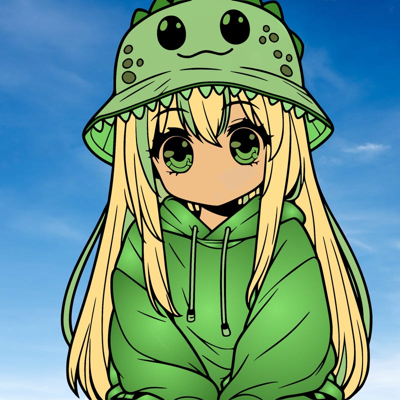girl with anime shaped eyes with a dinosaur bucket hat oversized sweatshirt long straight hair
