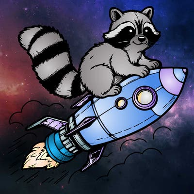 realistic raccoon flying on top rocket ship