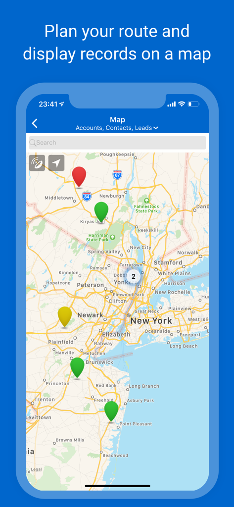 Interfaz de mapa de Resco Mobile CRM que muestra pines de ubicación para cuentas y clientes potenciales