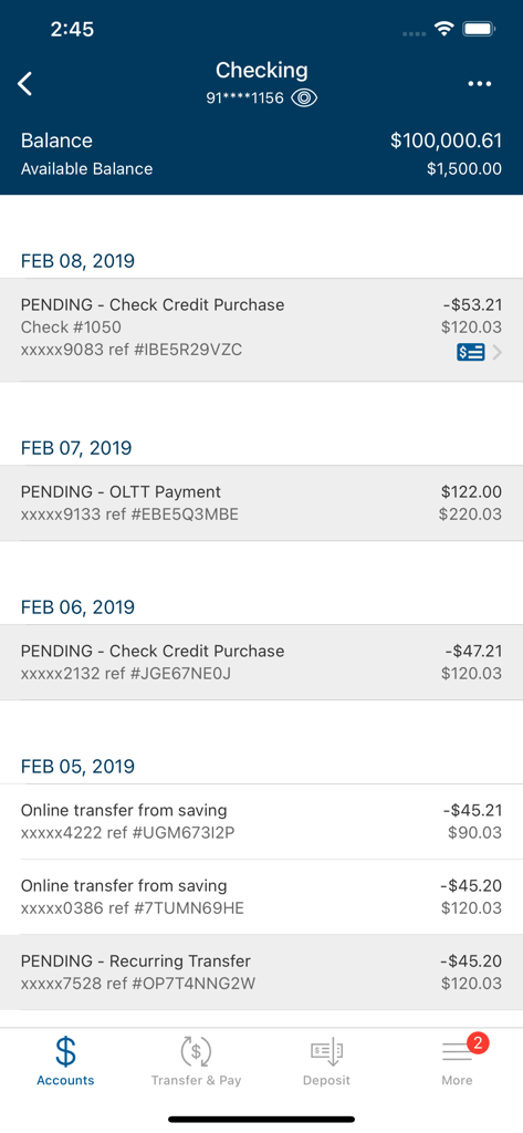 Screenshot of the Golden 1 Mobile app showing a checking account balance and a list of recent transactions organized by date.