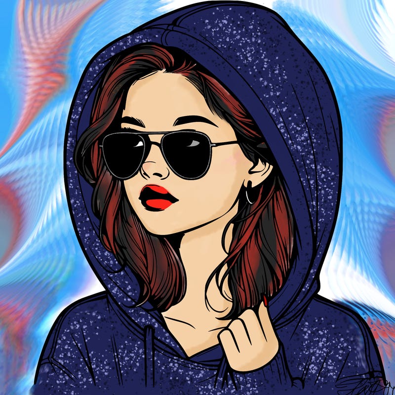 realistic teenage girl, wearing a hoodie and sunglasses