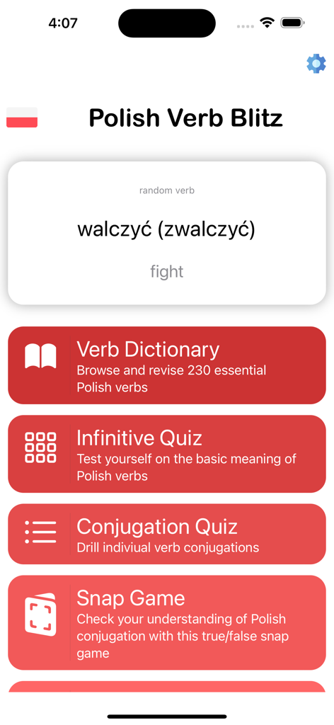 Main menu of the Polish Verb Blitz app showing study modes and a random verb card