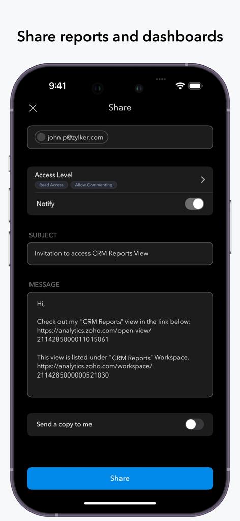 Zoho Analytics - Mobile BI App - Zoho Analytics mobile interface for sharing business reports and dashboards with custom access levels