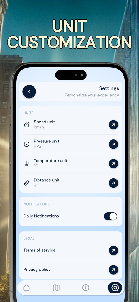 体温計アプリの設定画面で、温度、気圧、速度の単位カスタマイズオプションを表示。