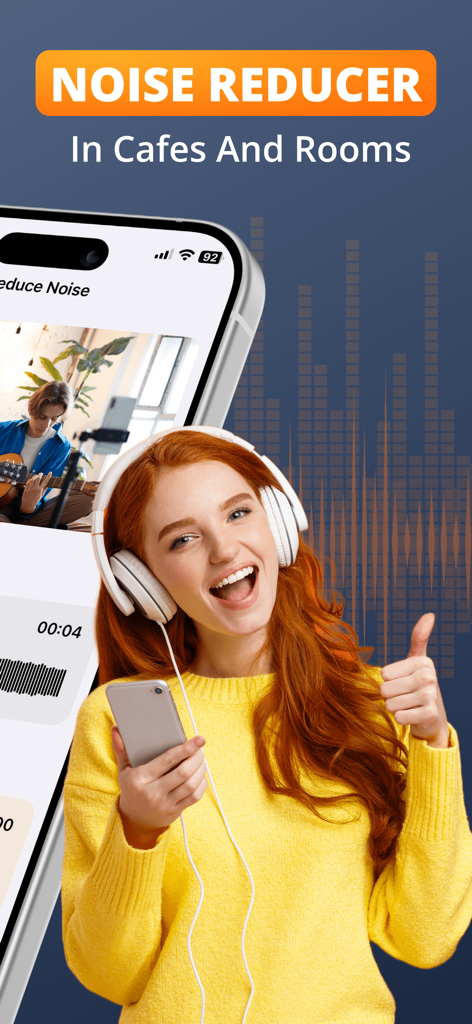 A woman wearing headphones and smiling while using the Audio Noise Remover app to clean recording audio