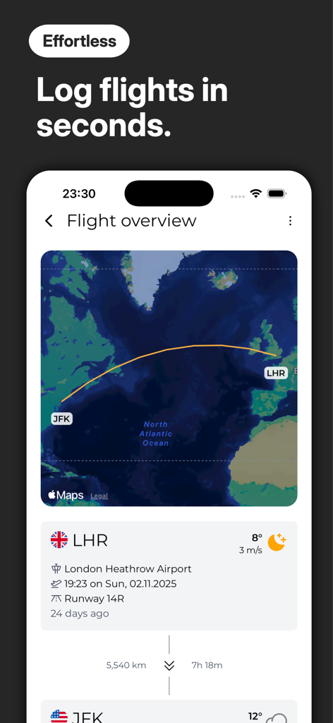 Iphone screenshot of FlightVault app showing a flight path from New York JFK to London Heathrow on a map with travel details