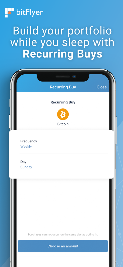 bitFlyer Crypto Exchange - Mobile app screen for bitFlyer crypto exchange showing the setup for a weekly recurring bitcoin purchase