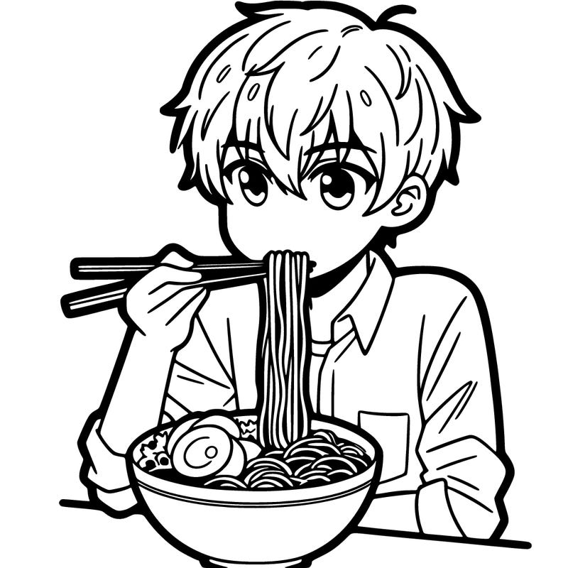 anime boy eating ramen with chop sticks