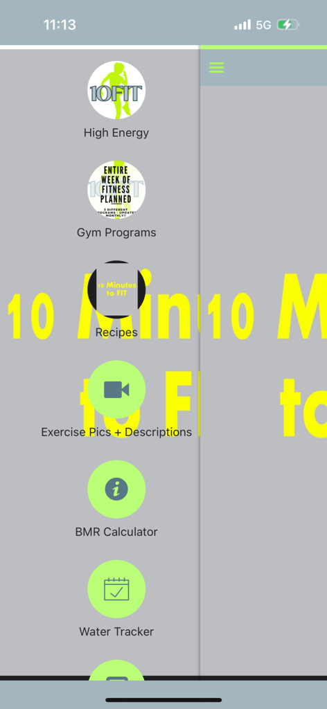 HOME WORKOUTS - 10FIT - Barra lateral de navegación de la aplicación 10FIT mostrando programas de entrenamiento y herramientas de salud