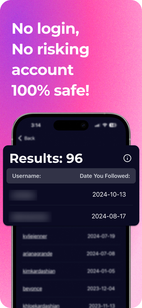 Follower Tracker: Nonfollowers - Mobile app interface showing a list of Instagram follower results with a text overlay highlighting no login and account safety