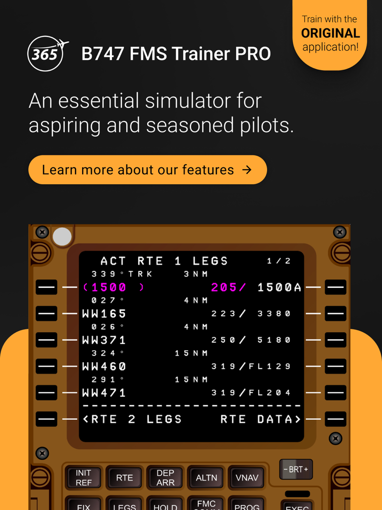 B747 FMS Trainer PRO - B747 FMS Trainer PRO interface showing the active route legs on a Boeing 747 Flight Management System simulator