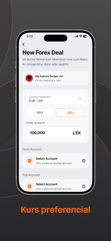 Screenshot of the Union Bank Business app showing a new foreign exchange deal interface for converting EUR to LEK