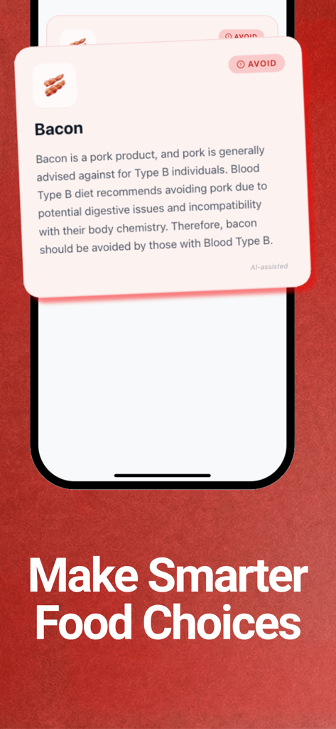 Blood Type Foods App - ベーコンの食事適合性を表示する血液型別食品アプリのインターフェース