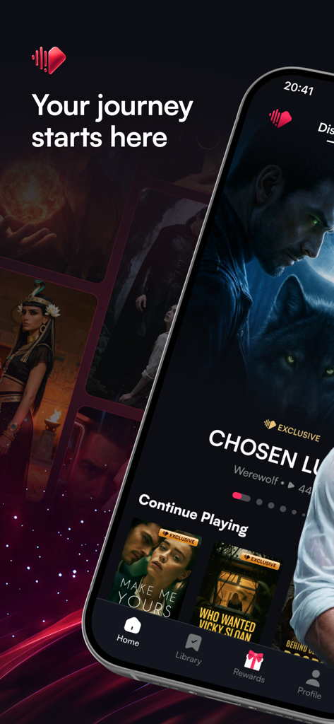My Muse: Stream Short Series - Smartphone displaying the My Muse app interface with posters for romantic and fantasy short series including a werewolf themed drama.