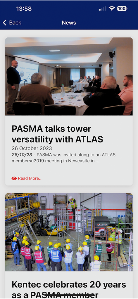 PASMA - PASMA app news screen showing articles about mobile tower safety and industry meetings