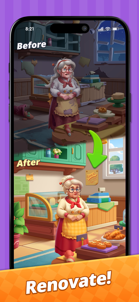 A before and after comparison of a grandmother character renovating her bakery from a messy shop to a clean and bright one