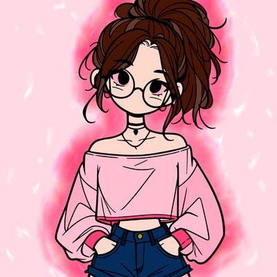 girl with a messy ponytail glasses a baggy crop top and jean shorts