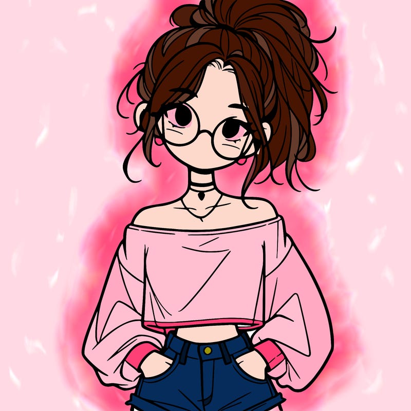 girl with a messy ponytail glasses a baggy crop top and jean shorts