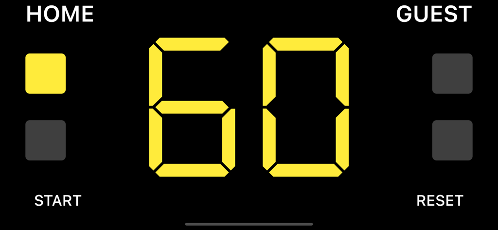 A 60-second digital timeout timer for Home and Guest teams in a water polo scoreboard app.