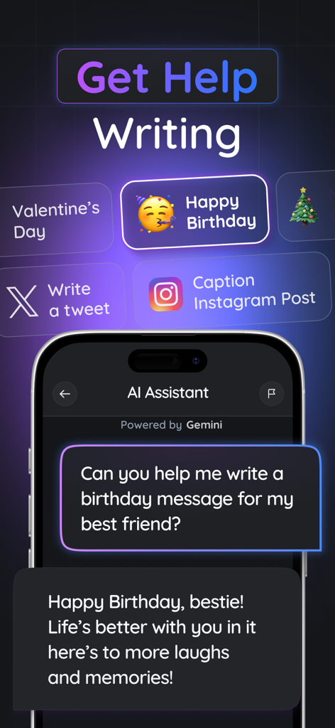 Gemmy AI: Chat & Assistant - Mobile app interface of Gemmy AI showing how it helps users write messages, tweets, and Instagram captions