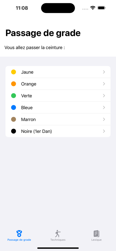 karate - Mobile app screen showing the list of karate belt levels from yellow to black for grading preparation.