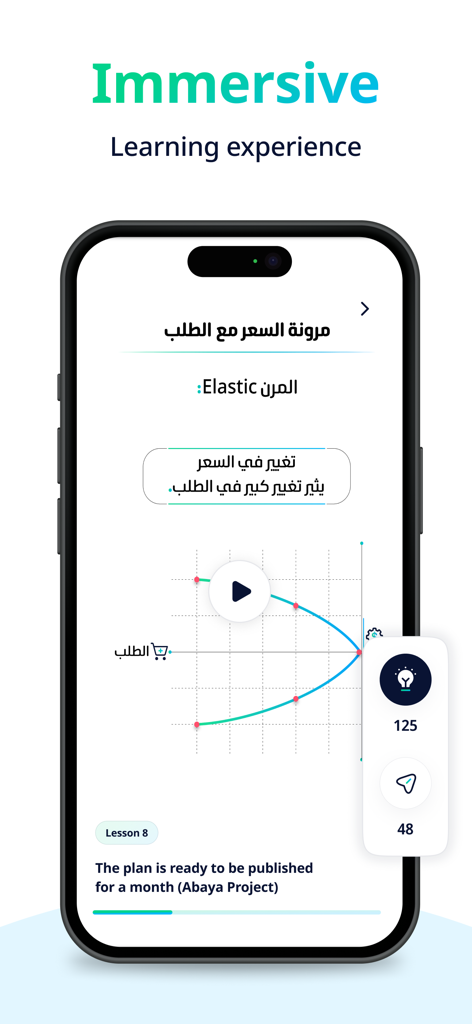 A smartphone displaying an immersive Arabic lesson on price elasticity with an interactive graph inside the Tenmeya learning app