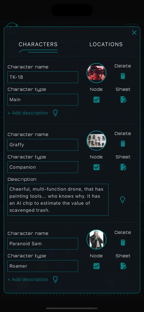 PUM Companion RPG Storytelling - Interface de l'application PUM Companion montrant l'écran de gestion des personnages avec plusieurs profils de personnages JdR et leurs descriptions
