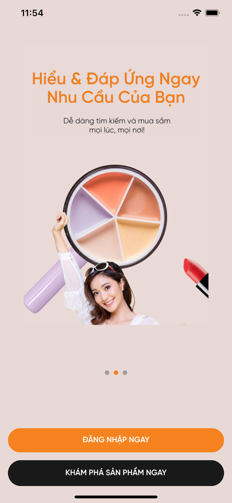 Pantalla de bienvenida de la aplicación Guardian VN con una mujer sosteniendo una lupa sobre maquillaje