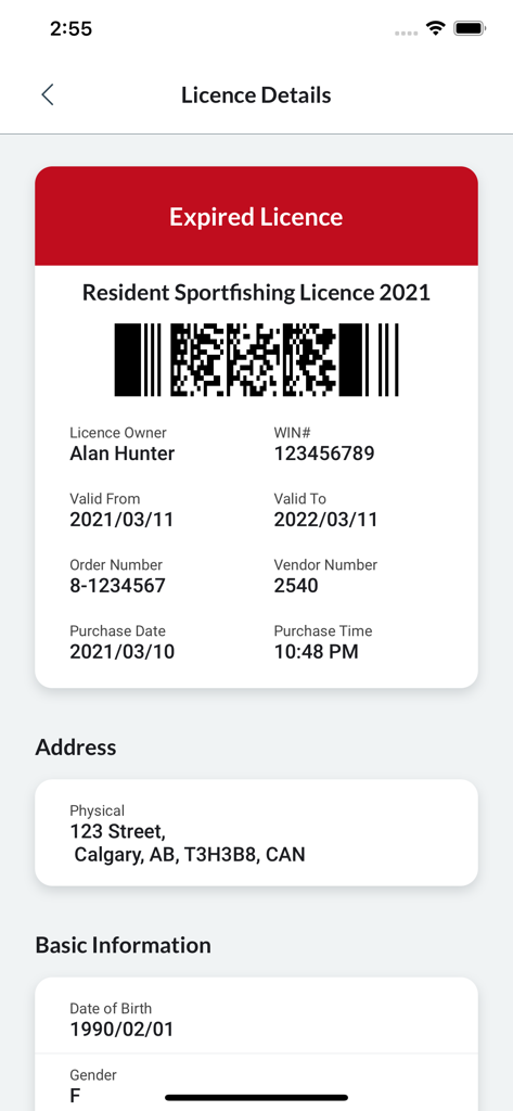 Digital display of a resident sportfishing licence with barcode in the AlbertaRELM app