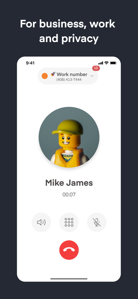 Phoner app showing a call on a second work number for business and privacy