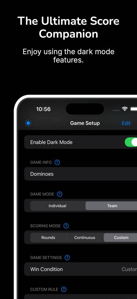 Universal Score Keeper - Game setup interface of the Universal Score Keeper app in dark mode