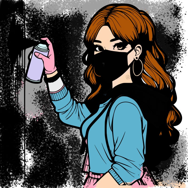 realistic girl with mask spray painting a wall